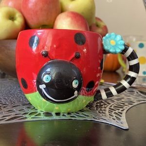 Ladybug Mug - Stripped Handle, Blue flower detail Pier1 Imports Mug